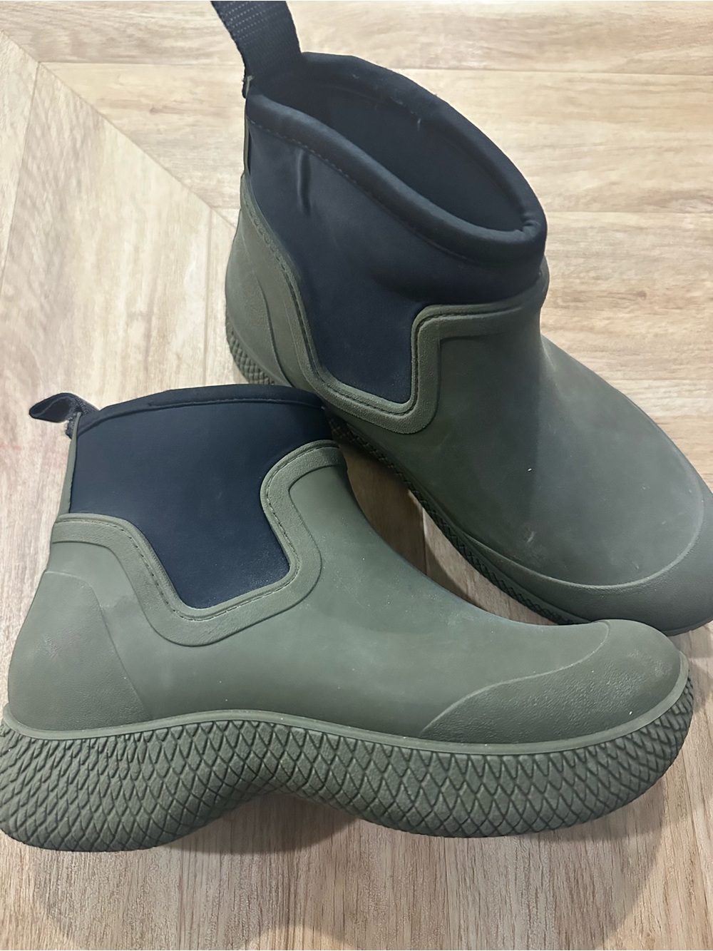Celine Olive Green and Black Waterproof Slip-On Ankle Boots